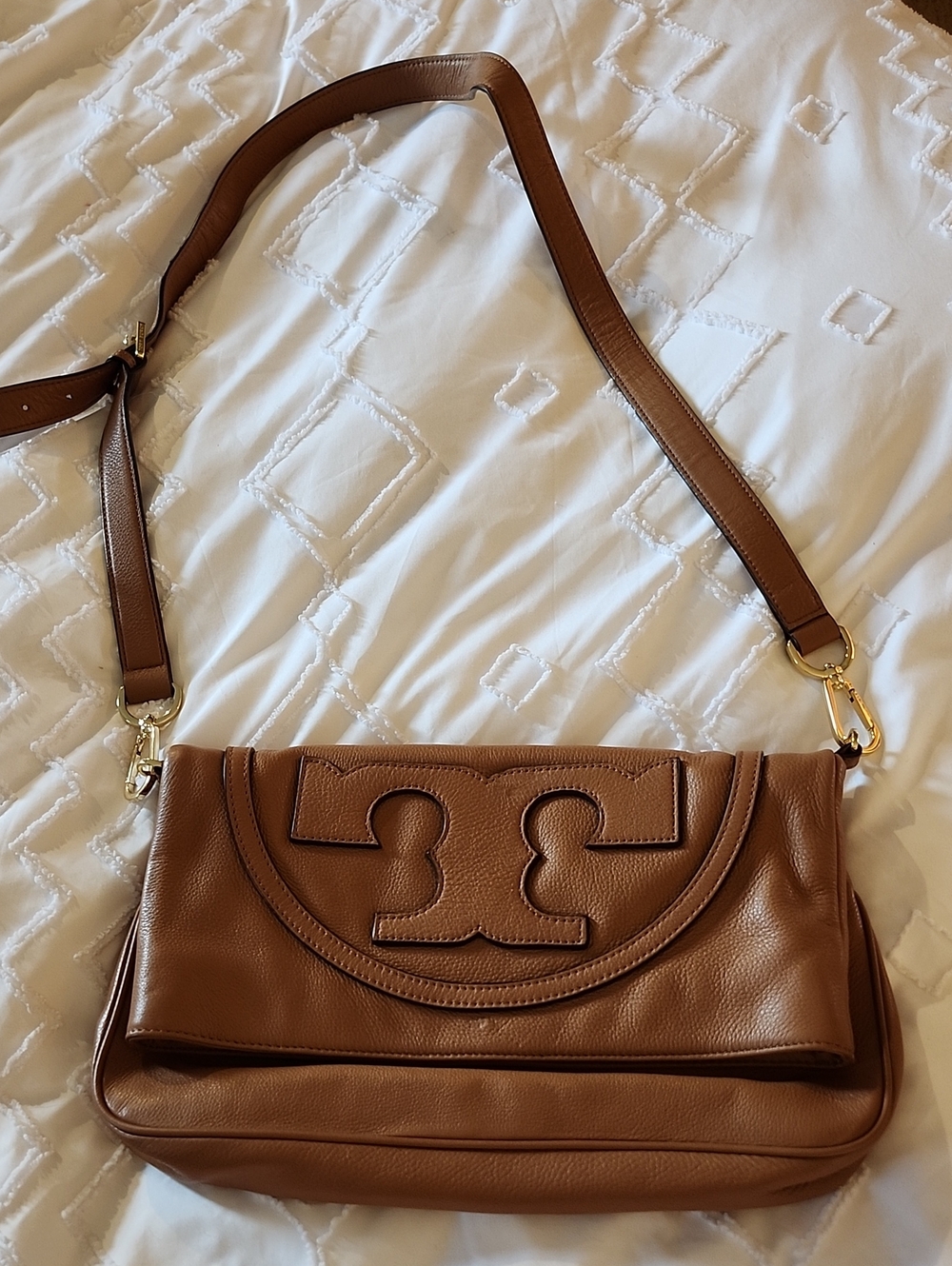 Tory Burch Cognac Leather Fold-Over Shoulder Bag with Logo